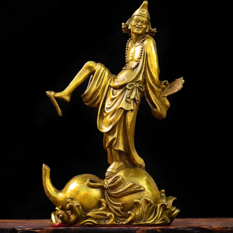 Antique brass Jigong Buddha statue ornament Feng Shui auspicious offering handicraft gourds home desktop decoration