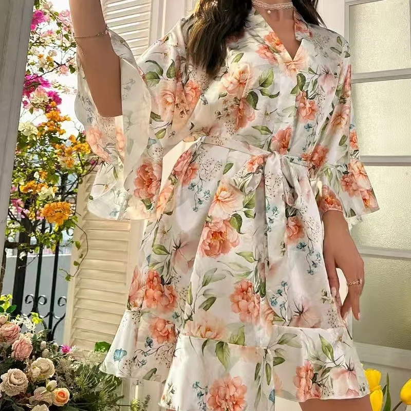 

European American Women's Floral Print Home Clothes French Nightgown Long Sleeve Comfortable Sleepwear for Ladies