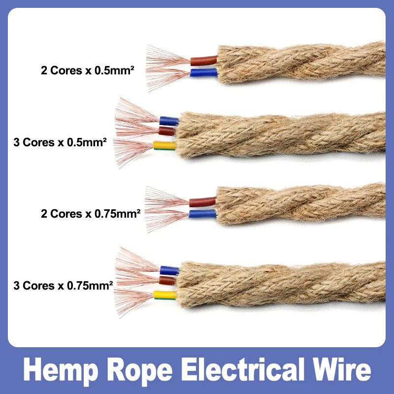 2Core 3Core Twisted Cable Hemp Rope Electrical Wire 0.5/0.75mm² Retro Style Copper Vintage Lamp Cord Braided Wire Pendant Light