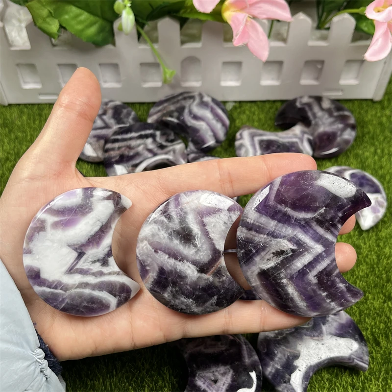 Wholesale Natural Polished Chevron Amethyst Healing Crystal Dream Amethyst Moon Shape Carving for Decoration