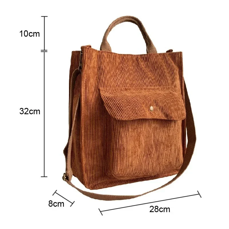 Autumn Corduroy Shoulder Bag Women Vintage Shopping Bags Zipper Girls Student Bookbag Handbags Casual Tote with Outside Pocket