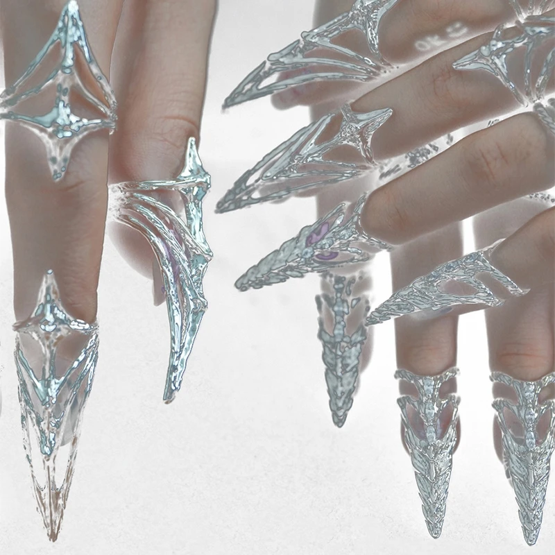 Punk Metal Nail Cover Bone Ring Gothic Rock Machinery Manicure Fingertip Ring Wielowarstwowe pierścienie na palec Cosplay Zestaw biżuterii Prezent