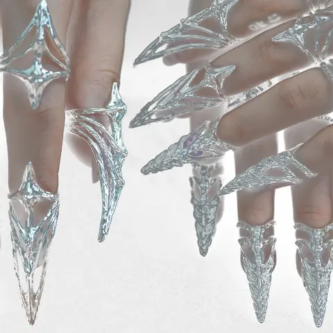 Punk Metal Nail Cover Bone Ring Gothic Rock Machinery Manicure Fingertip Ring Multilayer Finger Rings Cosplay Jewelry Set Gift