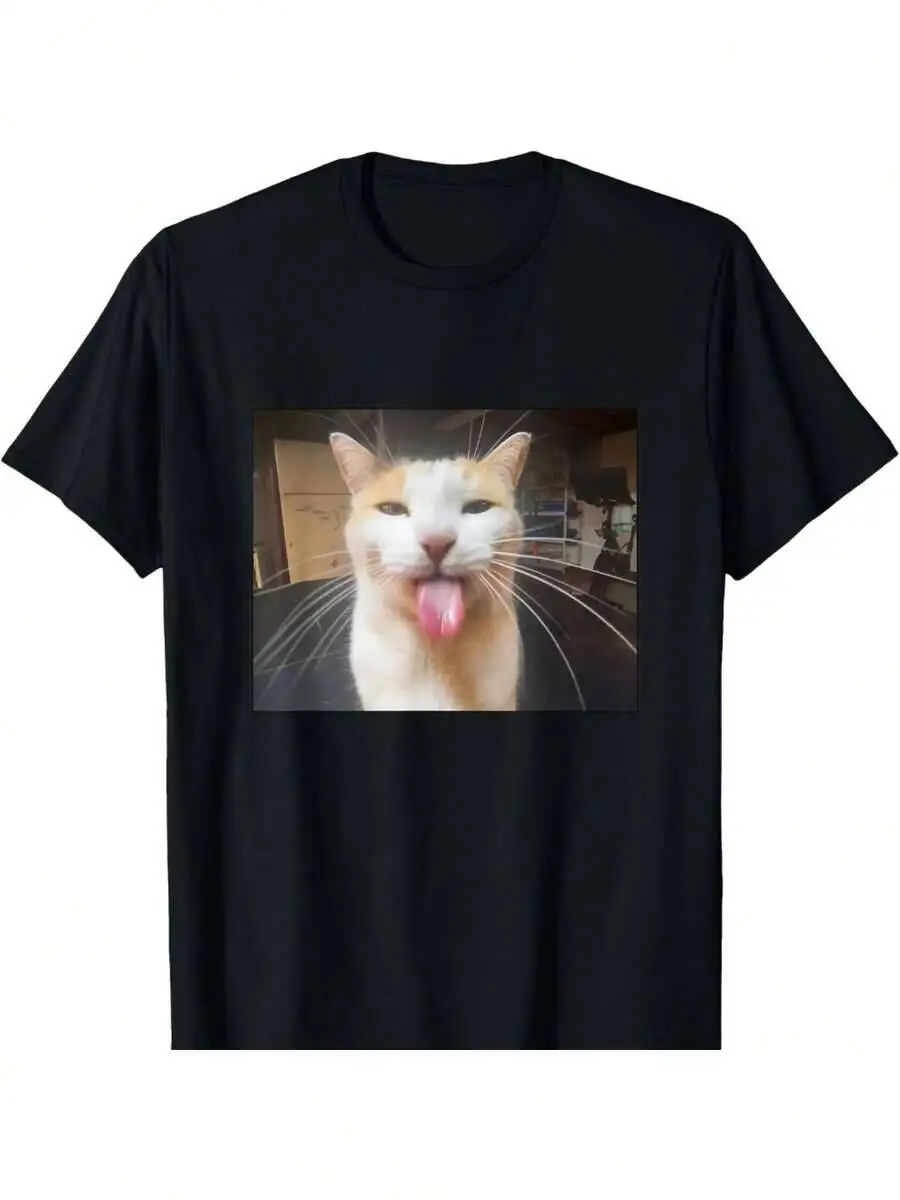 [100% Tshirt] Cotto Fuy T-Shirt | Silly Cat Togue Out Meme Graphic Short Sleeve Roud Neck, Kit Fabric, Cartoo 100% Cotton Trendy
