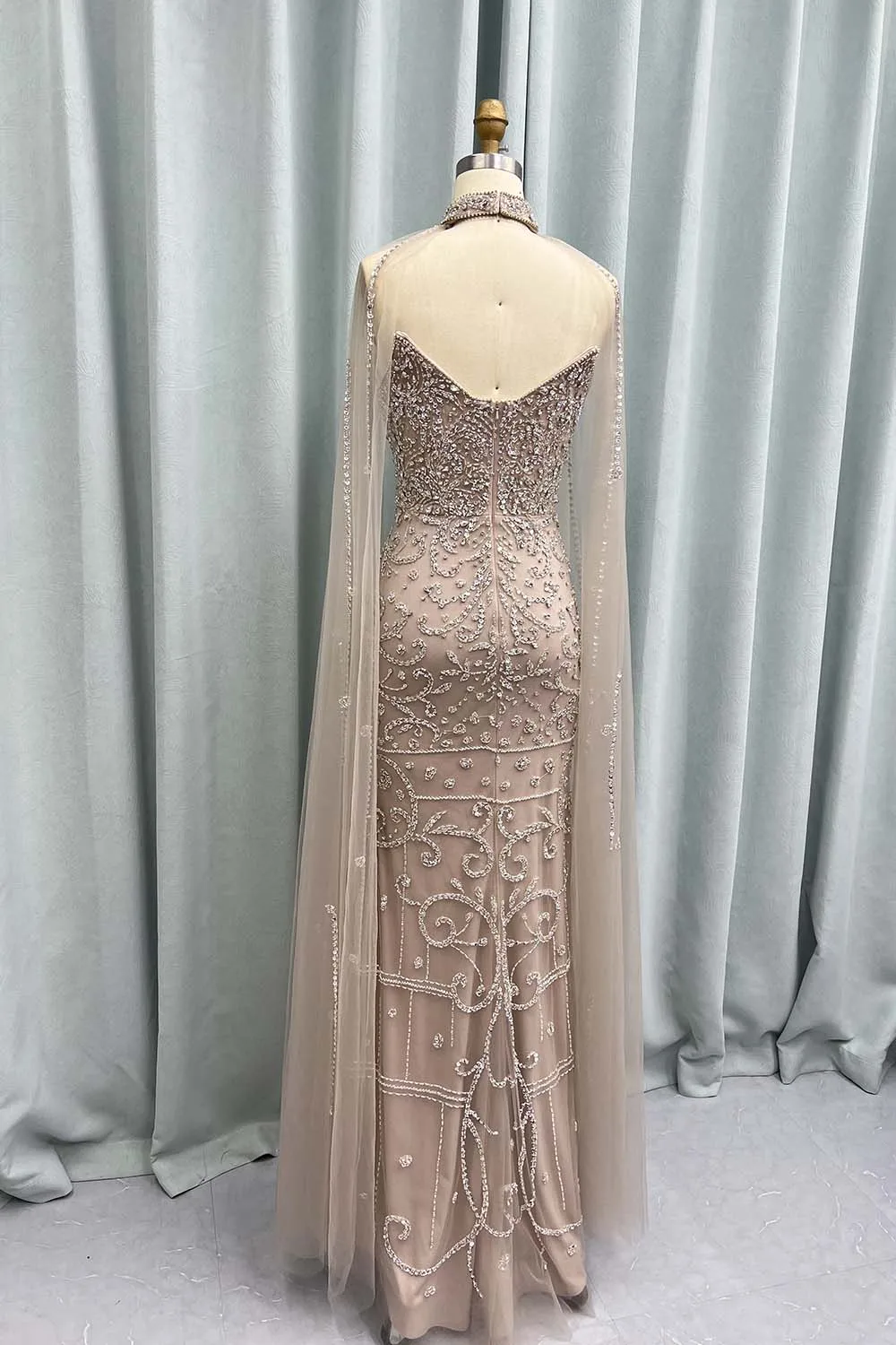 YQLNNE Luxury Nude Rhinestones Evening Dresses Long Mermaid Strapless Tulle Beaded Evening Party Gown Removeable Shawl