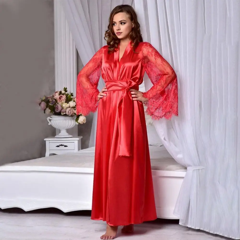 Winter Women Nightgown Adjustable Waist Tie Satin Hollow Lace Sleeves Lady Night Robe Imitation Silk Solid Color Nightdress