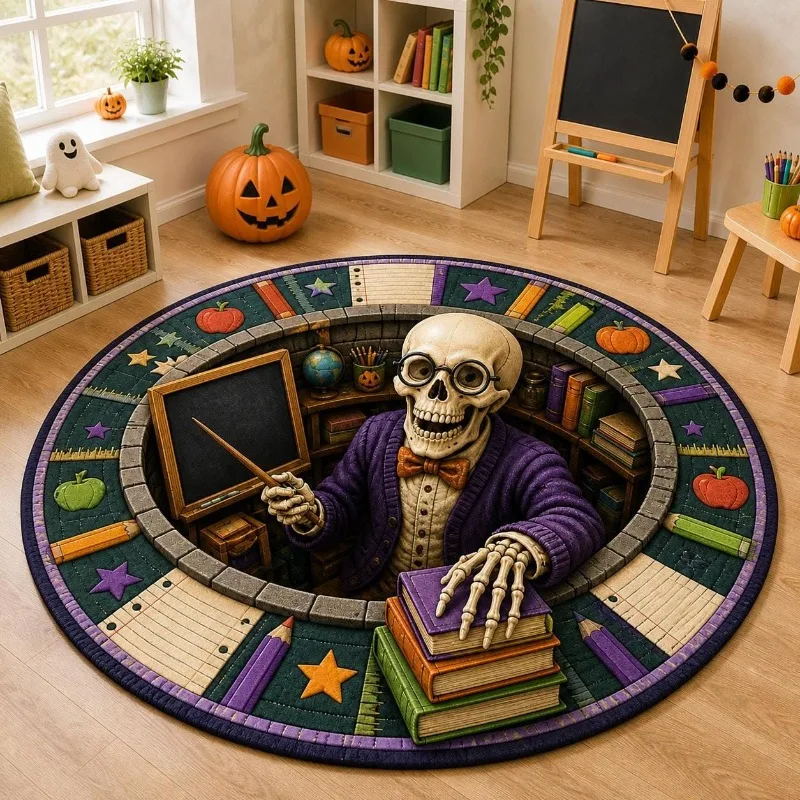 Round Festive Rug 3D Pink Demon Monster Printed Circular Carpet White Cake Frosting Ring Colorful Lollipops for Sofa Floor