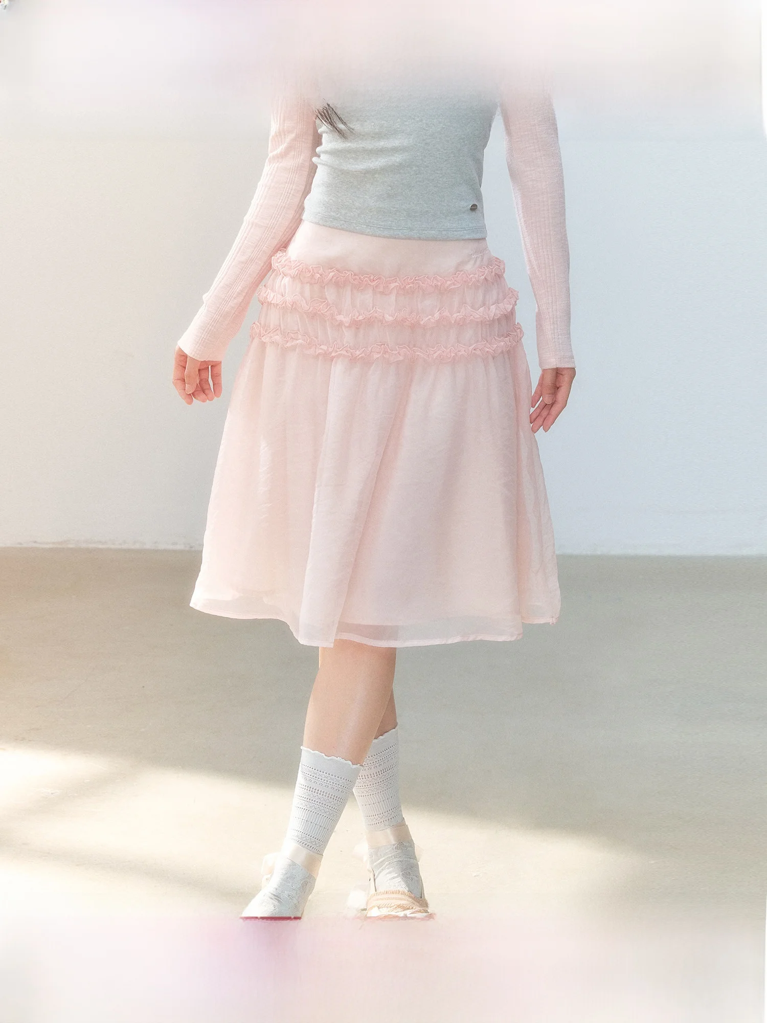 Pink Gauze A-Line  Skirt with Lace Trim Gentle Korean Style Girl Soft Light Earlet Skirt for City Commuting Daily Use