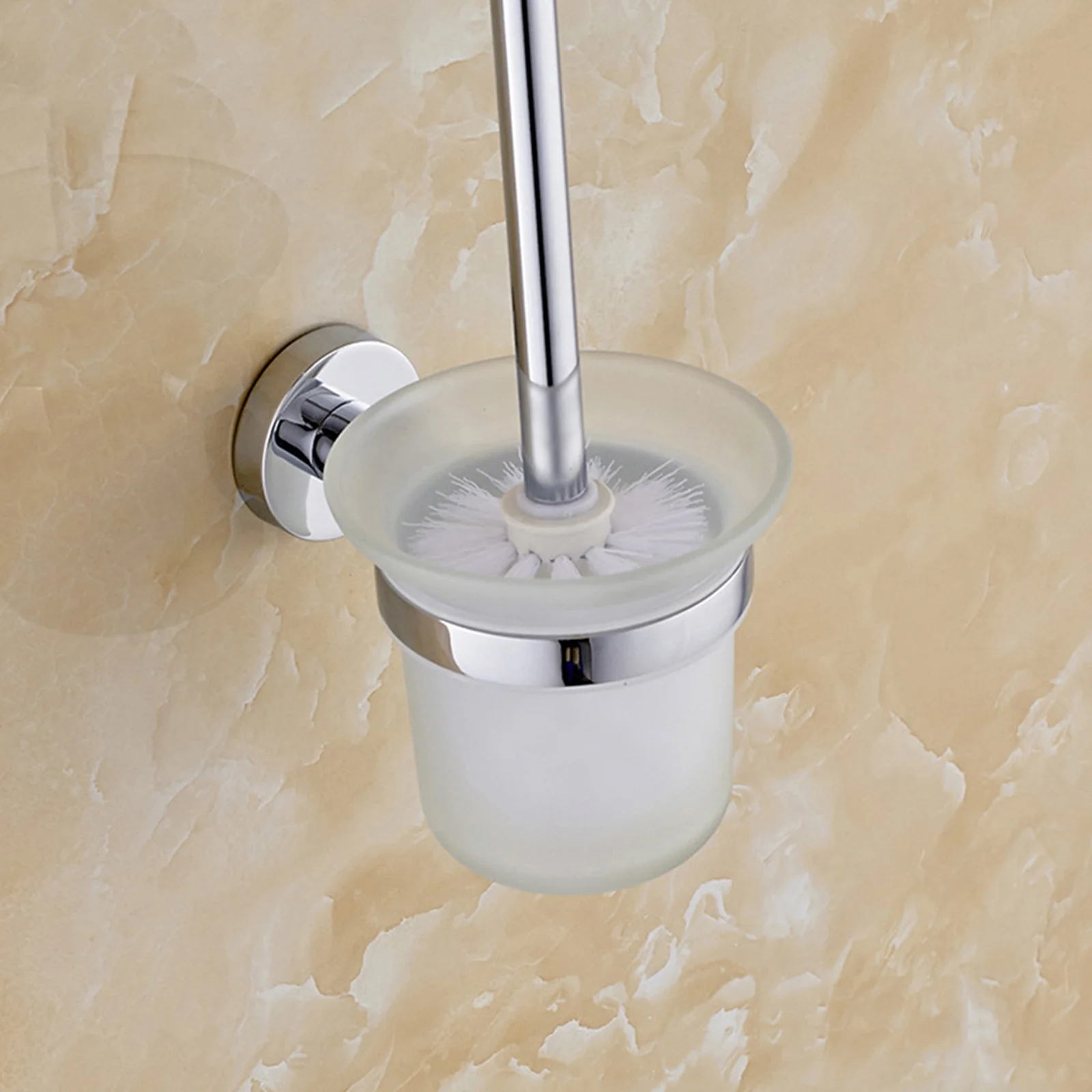 Toilet Brush and Holder Set Wall Mounted Stainless Steel Handle Glass Holder for Bathroom Space Saving Cleaning