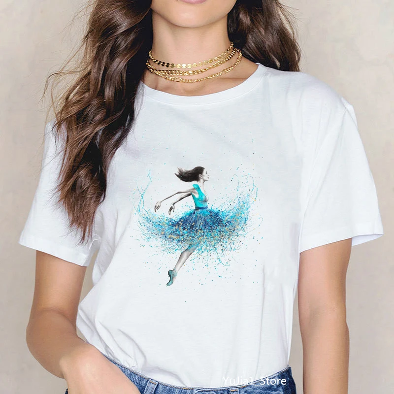 Camiseta con estampado de bailarina de noche de Coral de acuarela para mujer, camiseta personalizada, regalo de cumpleaños para amante de la danza, camiseta blanca, camisetas novedosas 2022