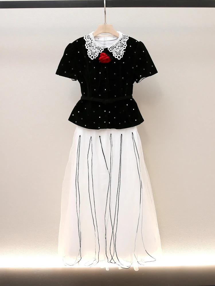 High End Women's Clothing Autumn New Item Socialite Velvet Nail Bead Waist Cinched Top Mesh Half Skirt Set