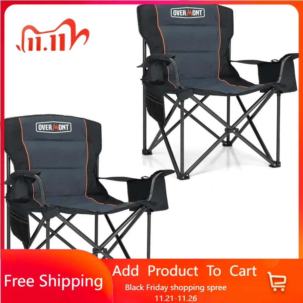 Oversized Folding Camping Chair 2Pack - 450lbs Support with Padded Cushion Cooler Pockets - Heavy Duty Collapsible Chairs