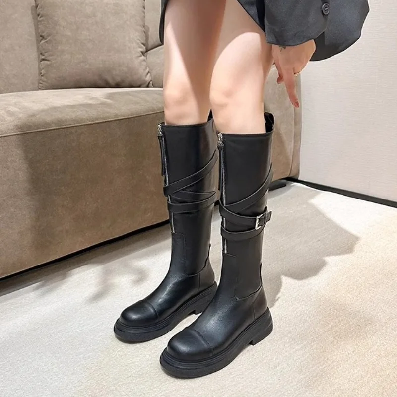 Western Knight Knee High Boots Female Thigh High Boots Black Goth Women 2024 Belt Buckle Zipper Thick Bottom Flats Shoes Ladies