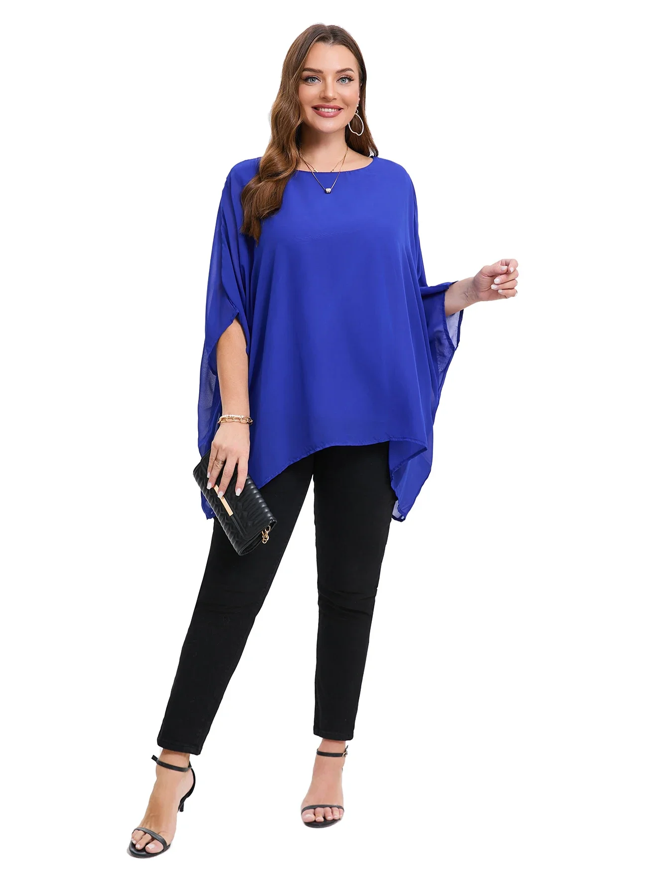 Blusa elegante de talla grande para mujer, blusa de gasa de gran tamaño con manga de murciélago y cuello redondo, camiseta tipo túnica informal de talla grande 5XL