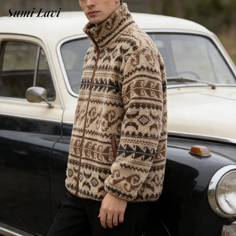 

Мужской флисовый кардиган с винтажным узором, вязаный крючком, 2026, весеннее повседневное пальто на молнии с воротником-стойкой, мужские зимние теплые флисовые куртки