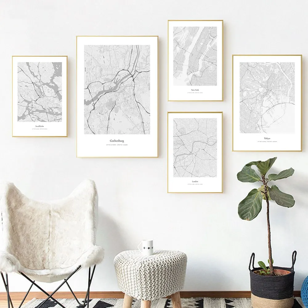 Nordic City Map Poster Set London New York Tokyo Stockholm  Minimalist Black  White Wall Art Canvas Prints for Living Room Decor