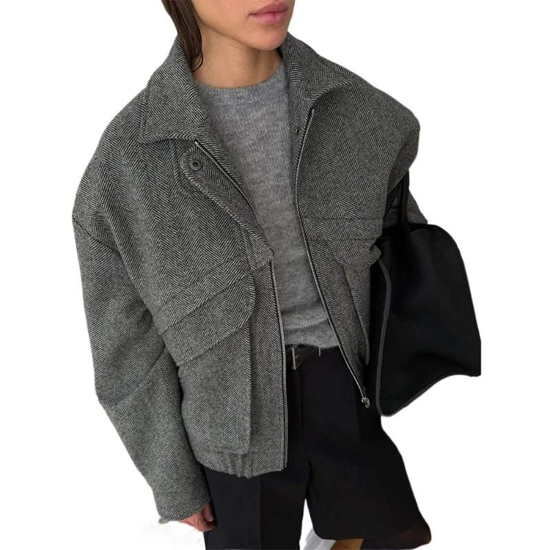 

Autumn Winter Grey Zipper Outwear Jackets Female Solid Loose Patchwork High Waist Cropped Top Coat Streetwear Women's Jackets