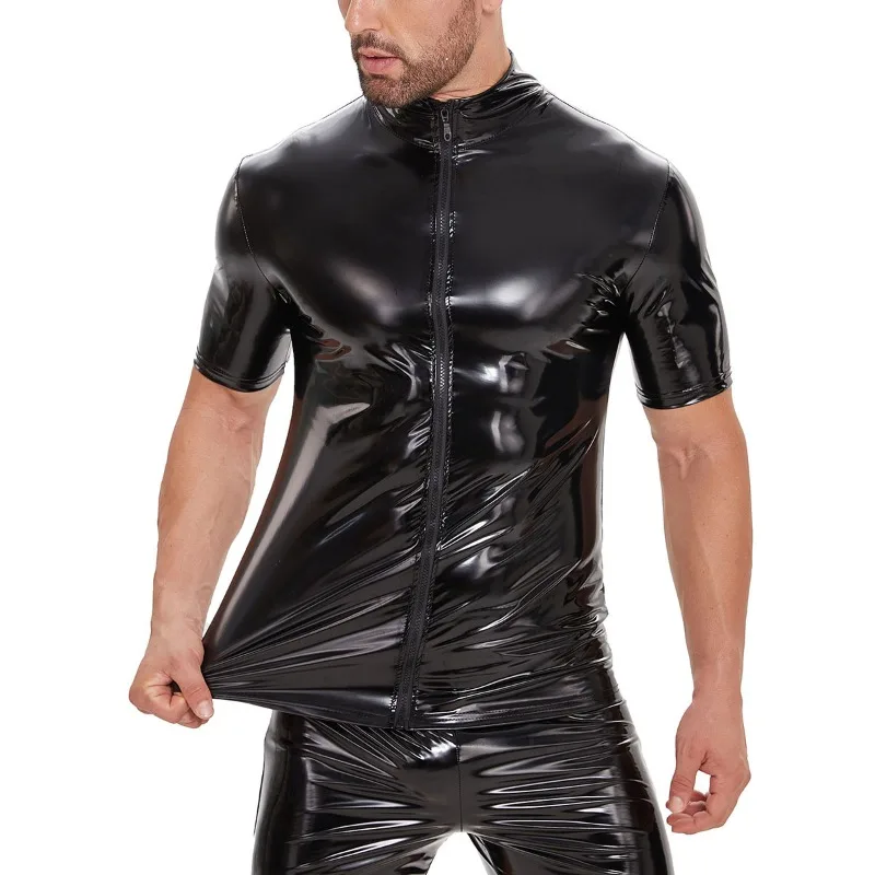 Mens PVC Leather T-shirt Coat Wet Look Clubwear Shiny Leather Zipper Shirts Club Costume Male Streetwear Summer Jacket Tops