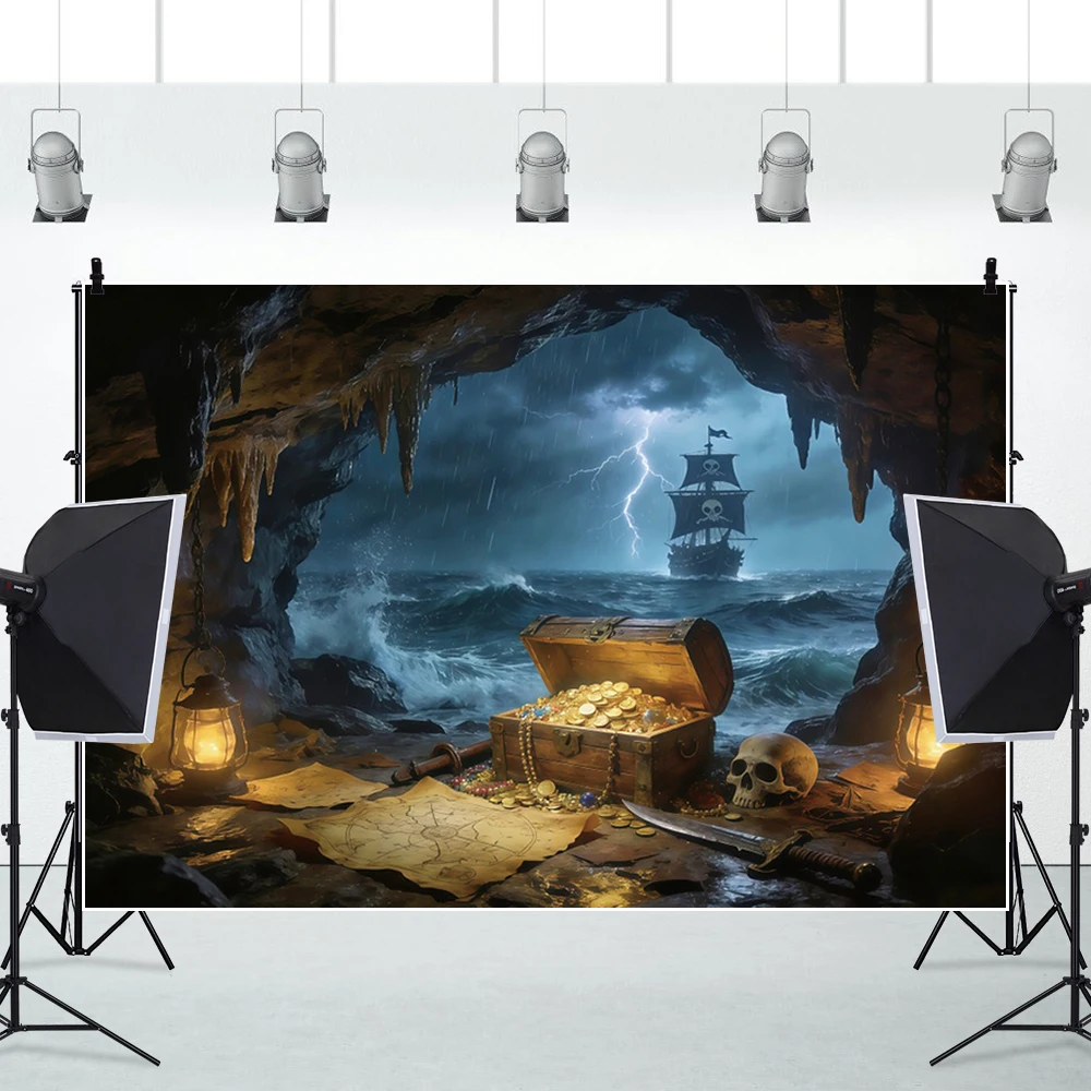 Pirate Treasure Chest Photography Background Skull Flag Sailing Ship Birthday Party Photo Studio Backdrop Decoration