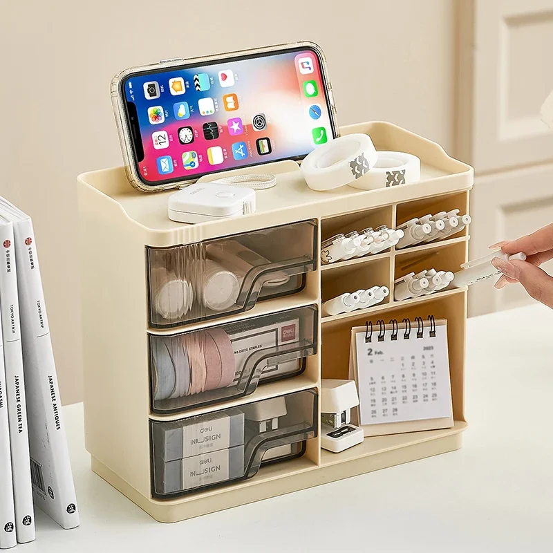 

Multi-layer Drawer Type Household organizer , Office Transparent Large Capacity Cream Wind Stationery Storage Box