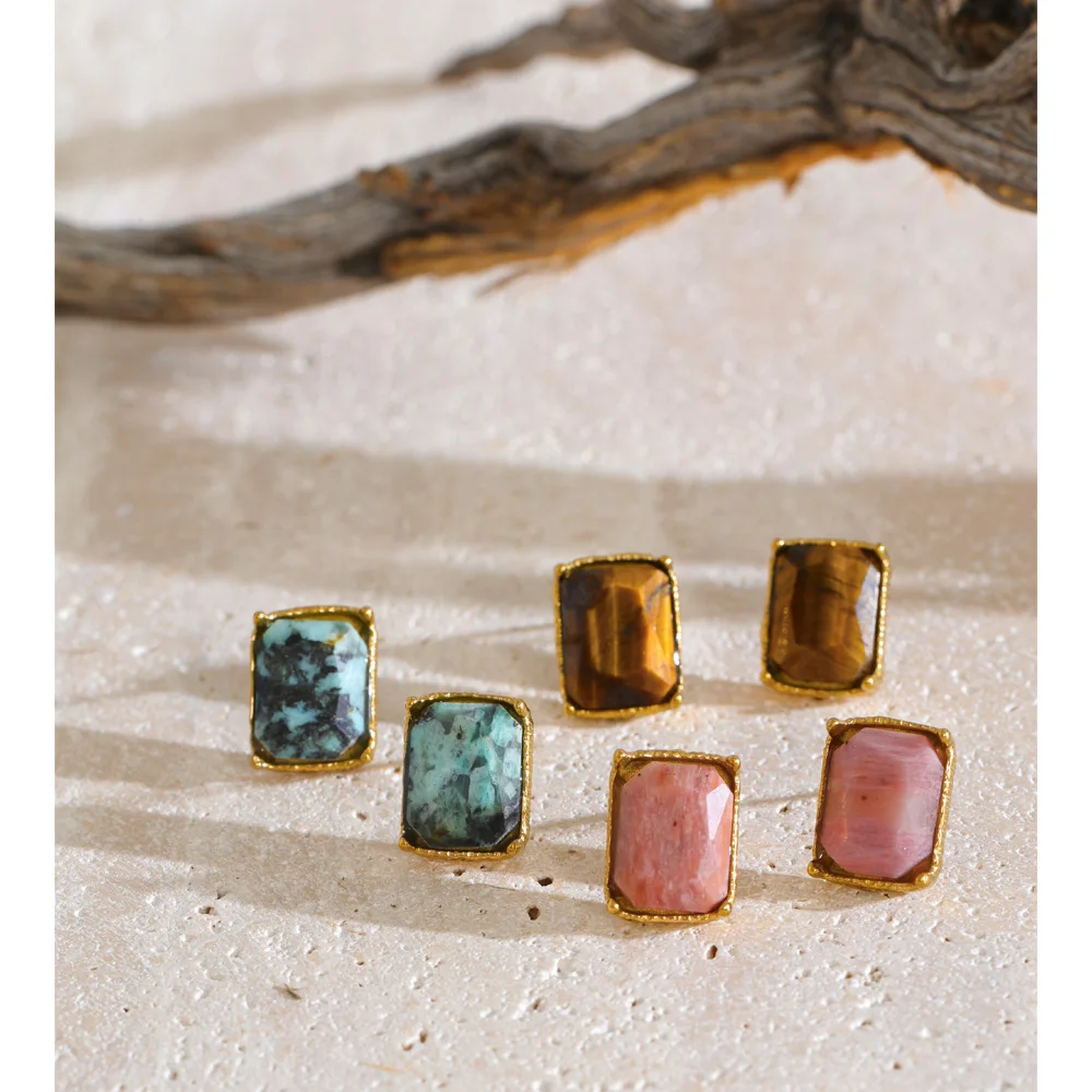 Yhpup Stainless Steel Stud Earrings 2026 New Arrivals African Turquoise Rhodochrosite Tiger Stone Rectangle Popular Jewelry