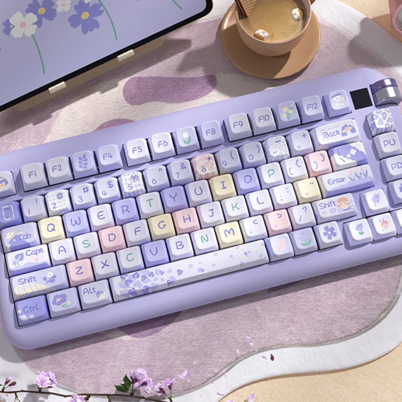 Keyboard Keycaps Cute Girls Purple Flower Key Caps MDA Key Caps for Mechanical Keyboard Accessories Decor for Office Home Work