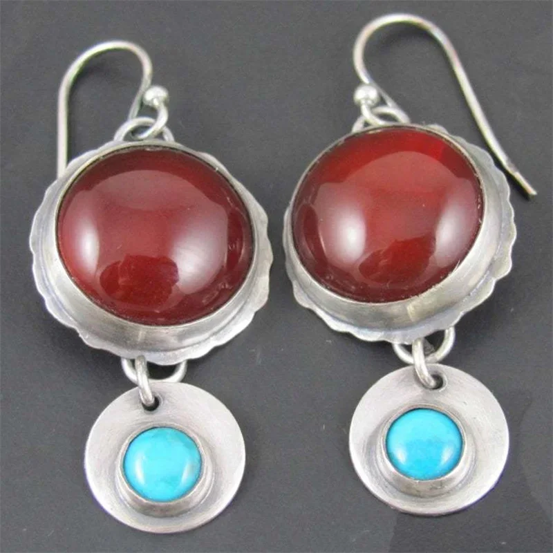 Fashion Vintage Geometric Red Blue Stone Round Dangle Earrings For Women Engagement Wedding Earrings Gift Custom Jewelry