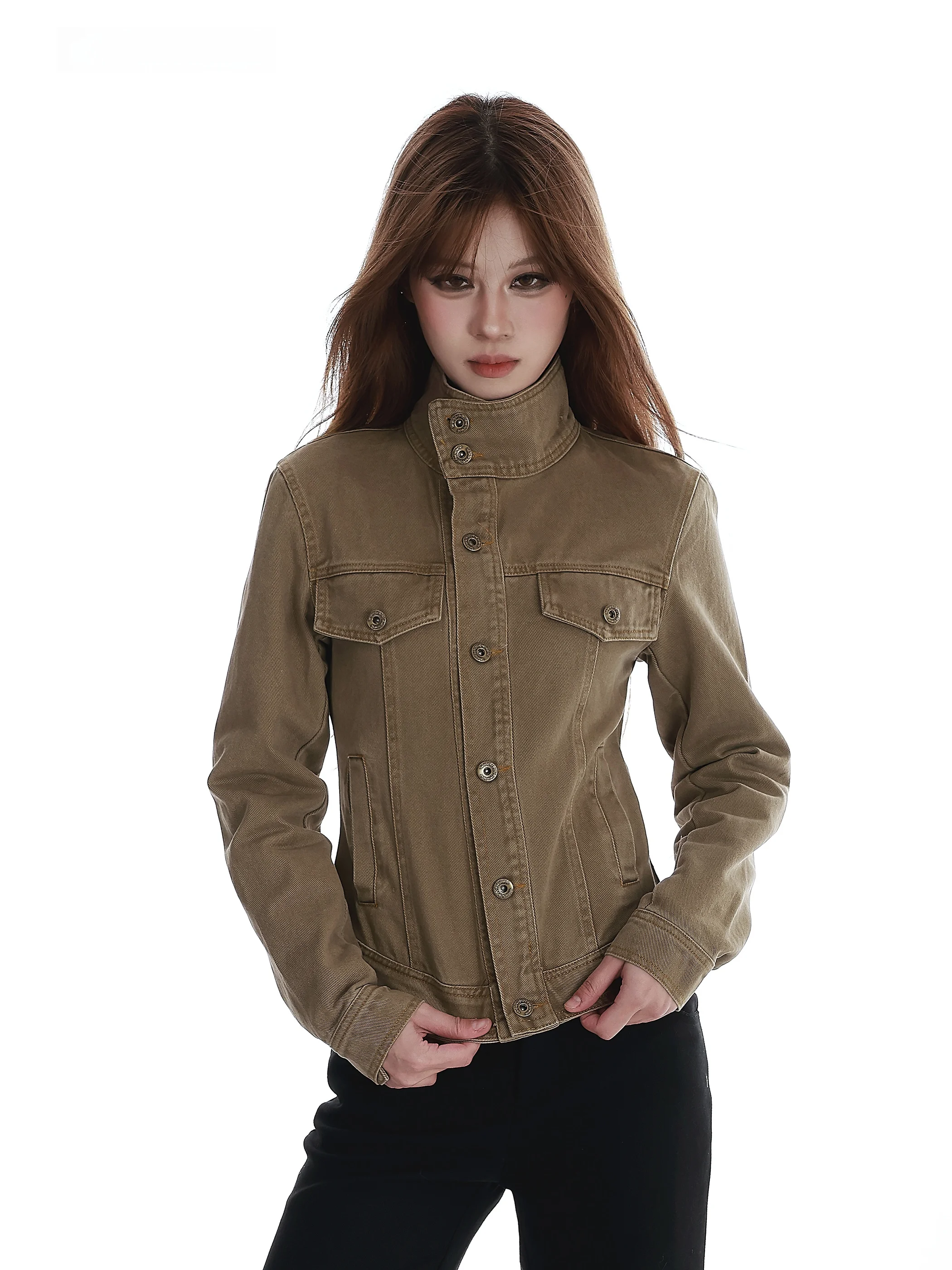 

Vinmuk American Modern Girl Vintage Stand Collar Denim Jaet Women's Spring Autumn Slimming Versatile Workwear Sle Trendy