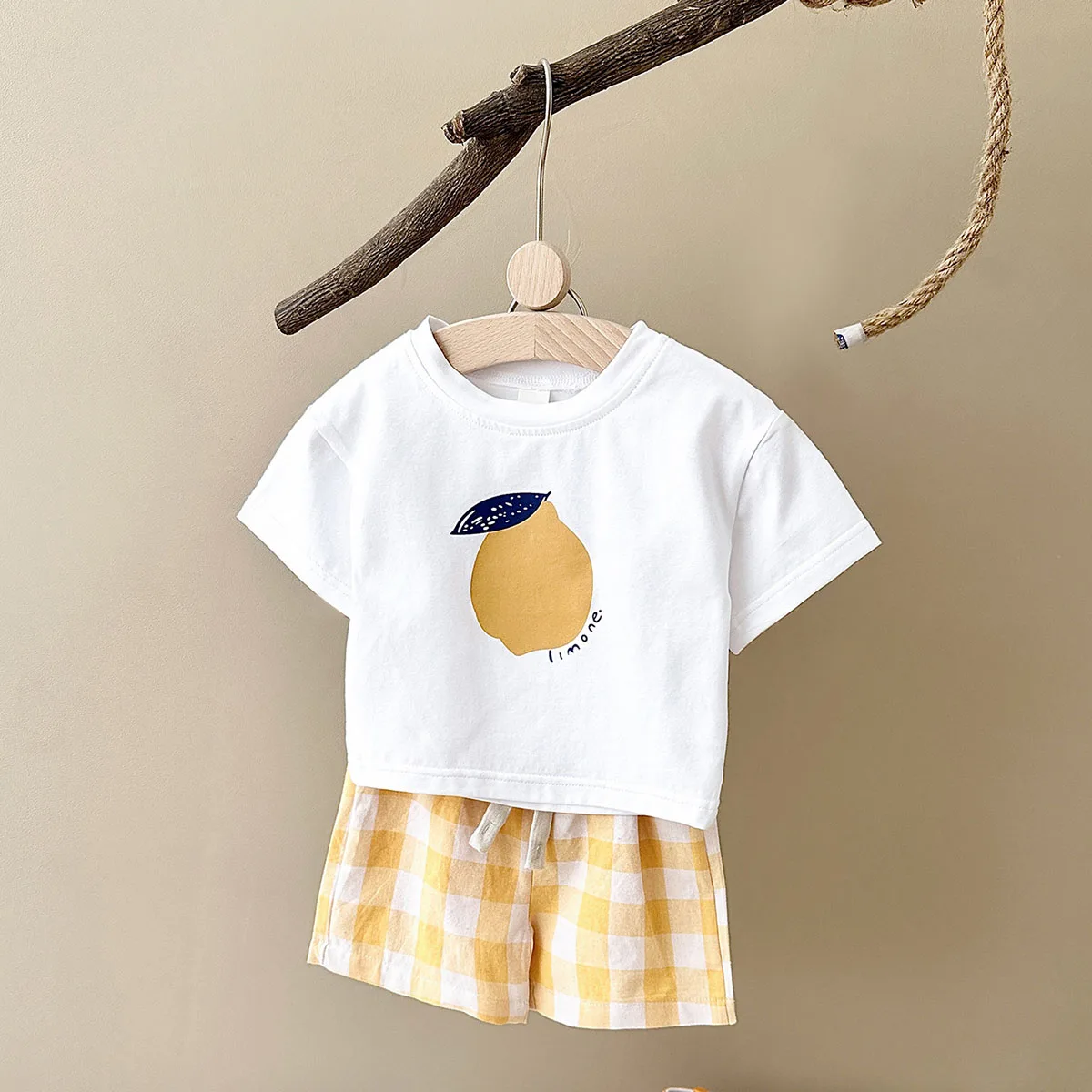 Boys Casual Suit Tee+Plaid Shorts 2Pcs Baby T-shirt Set 0-3Y Toddler Girls Outfit Children's Lemon Printed Top Beach Pants