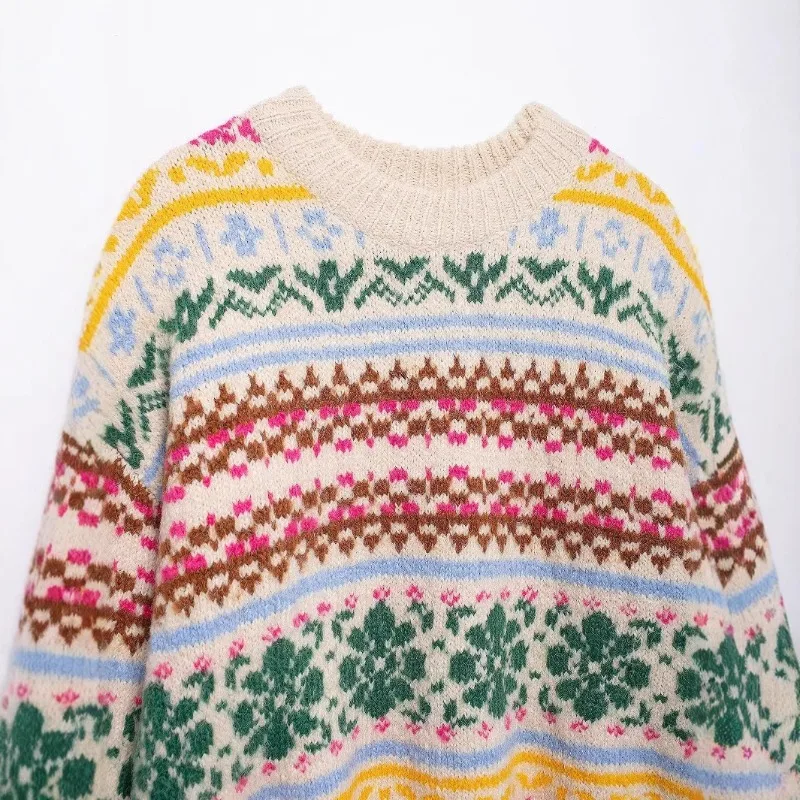 

Gaganight Knitted Sweater Women Floral Loose O Neck Stretch 2025 Autumn Winter Fashion Jumper Vintage Female Pullover Casual