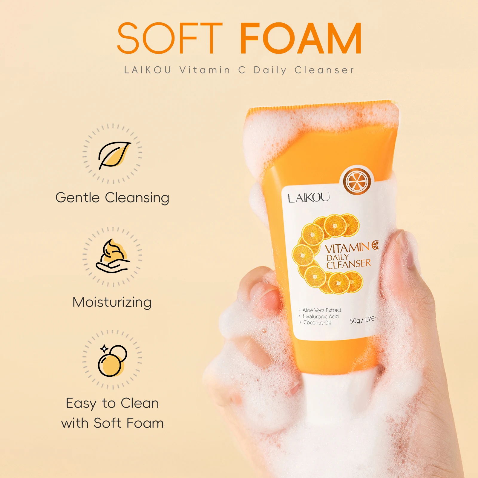LAIKOU Vitamin C Daily Cleanser Brightening Face Wash Deep Cleansing Moisturizing Skin Tone Even Treatment
