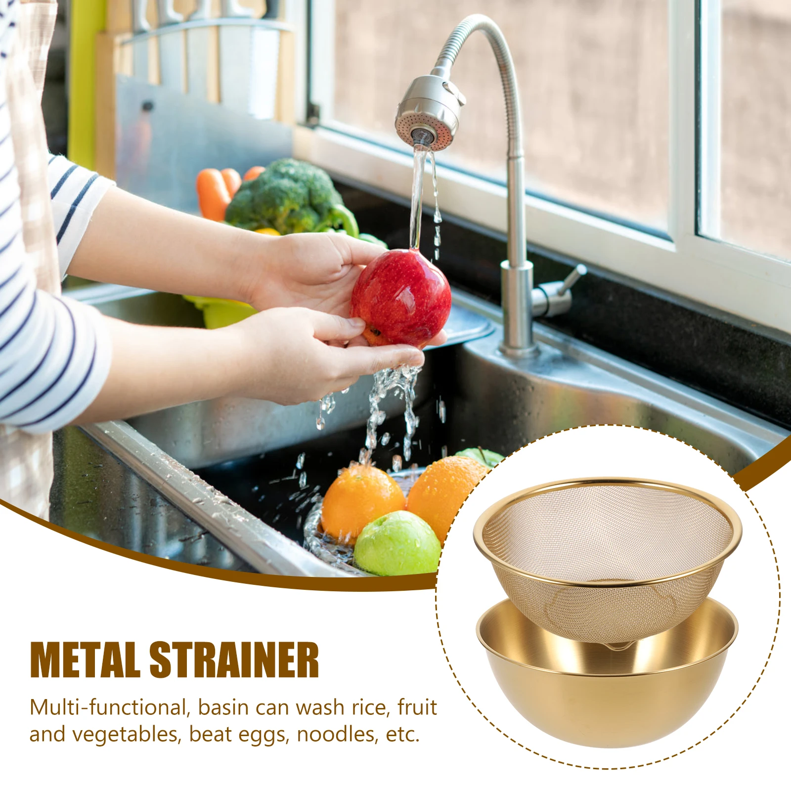 

Stainless Steel Colander Basin for Vegetable Fruit Rice Strainer Fine Mesh Kitchen Drain Basket Sieve Multi Functional Practical