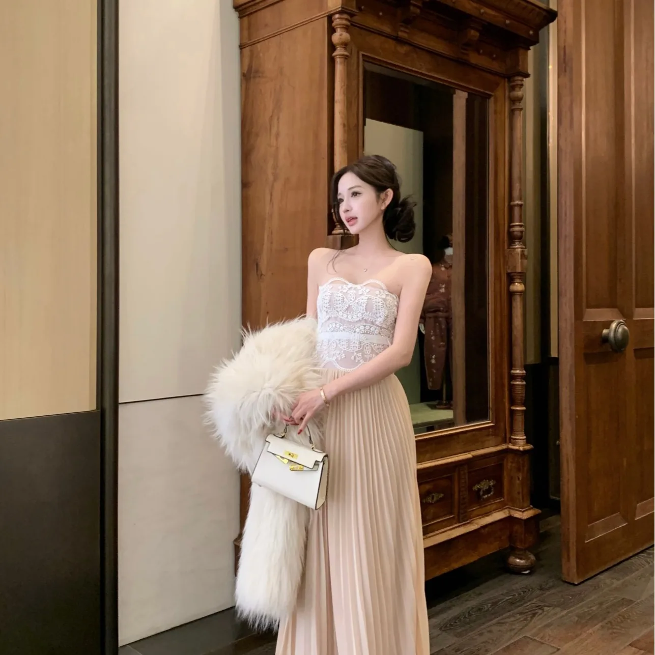 

Spring 2026 White Lace Trimmed Wrap Dr Women's Slim Fit High Waist Long Skirt Casual Wear Outerwear Innerwear Bridesmaid