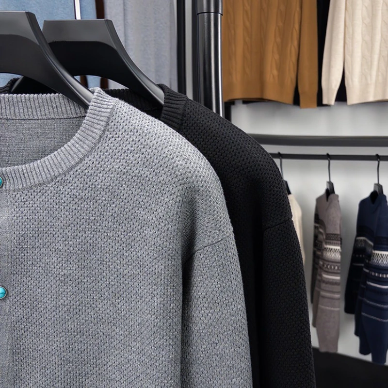 ​ ​ سترة صوفية متماسكة على شكل أناناس للرجال - مزيج من الصوف باللون الرمادي والأسود مفتوح من الأمام |   طبقة خفيفة الوزن لربيع الخريف ​ ​