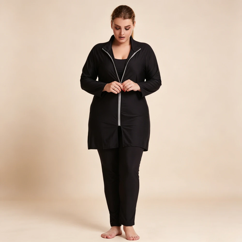 Plus Size Women 3PCS Burkini Swimwear Stand Collar Full Zip Long Sleeve Tunic Top Full Length Pants  Muslim Black Bathing Suit