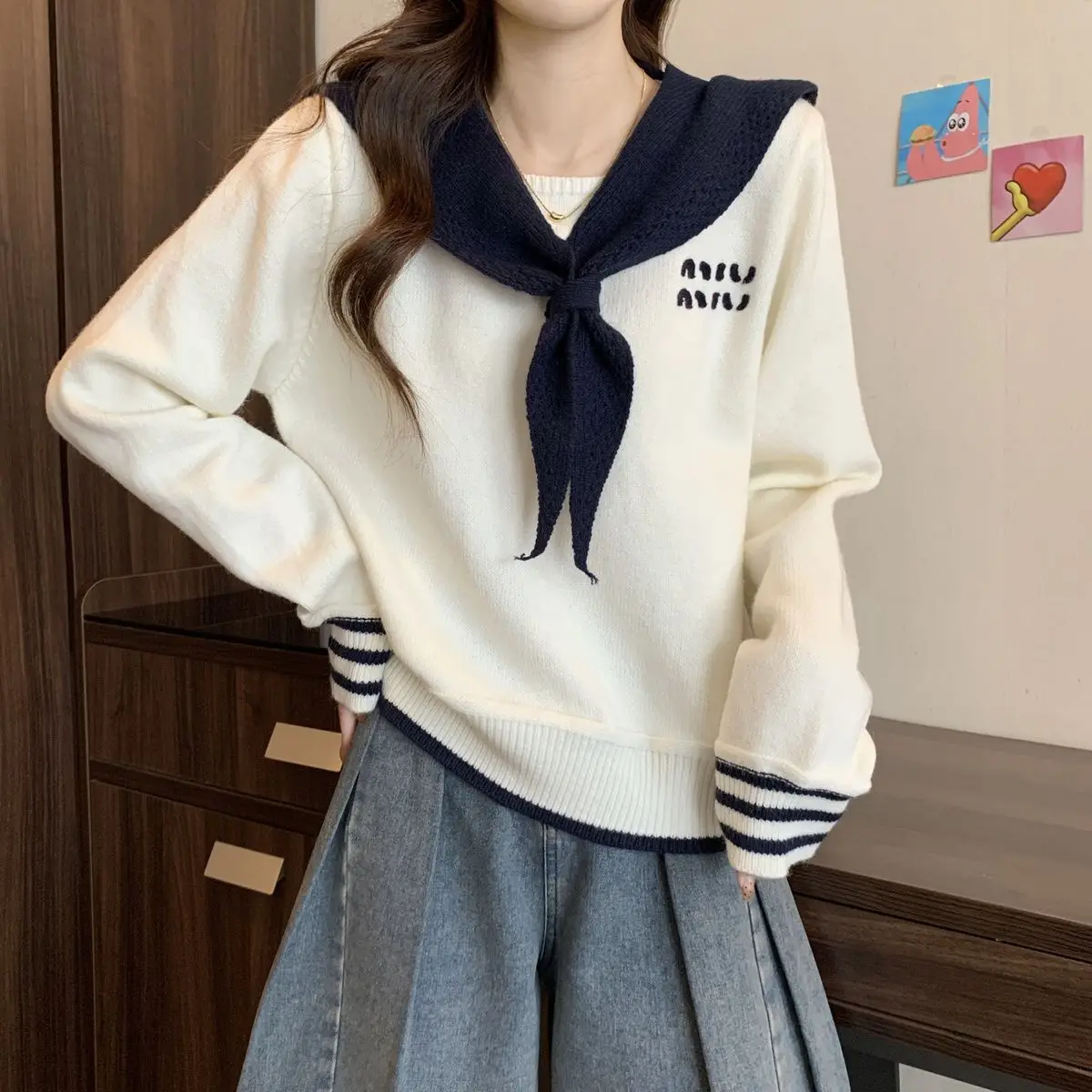 Navy Collar Knitted Sweater Age Reducing Top College Style Sweet Shawl Fake Two Pieces of Outerwear for Women