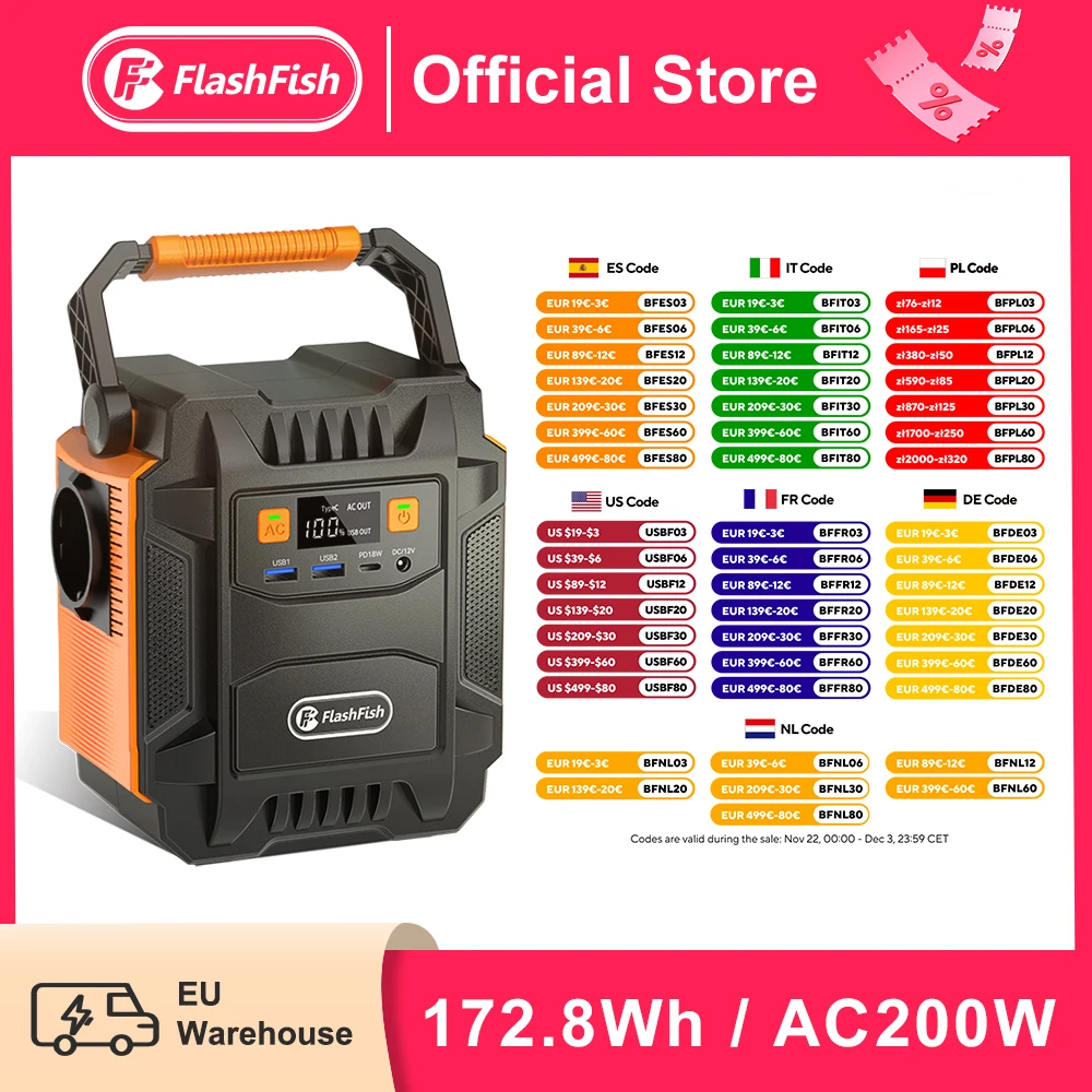 Flashfish Portable Power Station 200W 172Wh Solar Generator 48000mAh EU Socket Emergency Energy Power Supply For Outdoor Camping