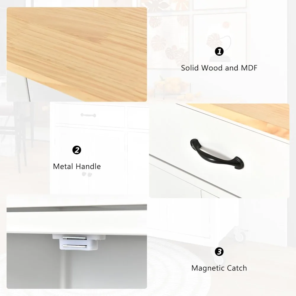 Kitchen Island on Wheels with Solid Wood Top, Large Rolling Kitchen Island Cart with 2 Drawers and 2 Cabinets, Portable Trolley