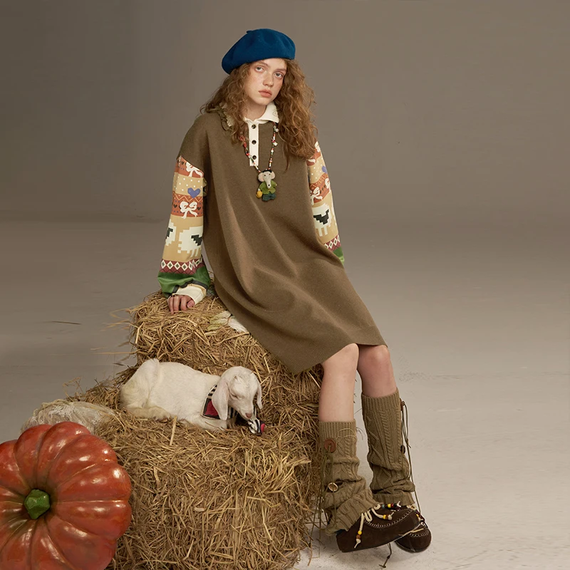 ELFSACK 2025 automne nouveautés décontracté Y2K Style campagnard Patchwork manches col à volants robe pour femme