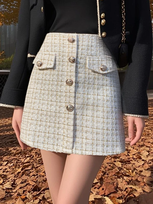 

Шелковая юбка миди с высокой талией, женская, в клетку, универсальная, стройнящая, из твида, осенне-зимняя, новая, роскошная, легкая