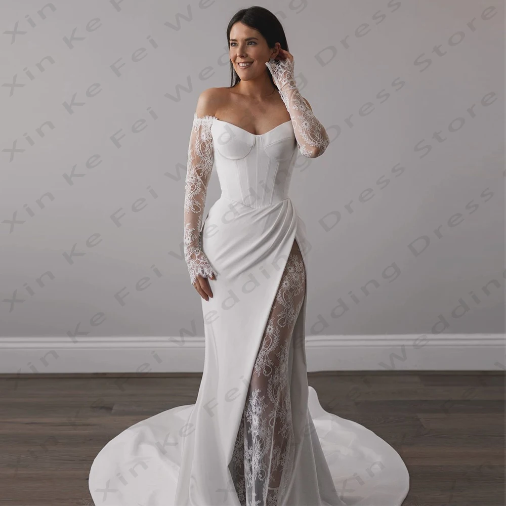 Elegant Women's Bridal Gowns Sexy Off Shoulder Mermaid Lace Long Sleeve Princess Wedding Dresses Formal Party Customized فساتين