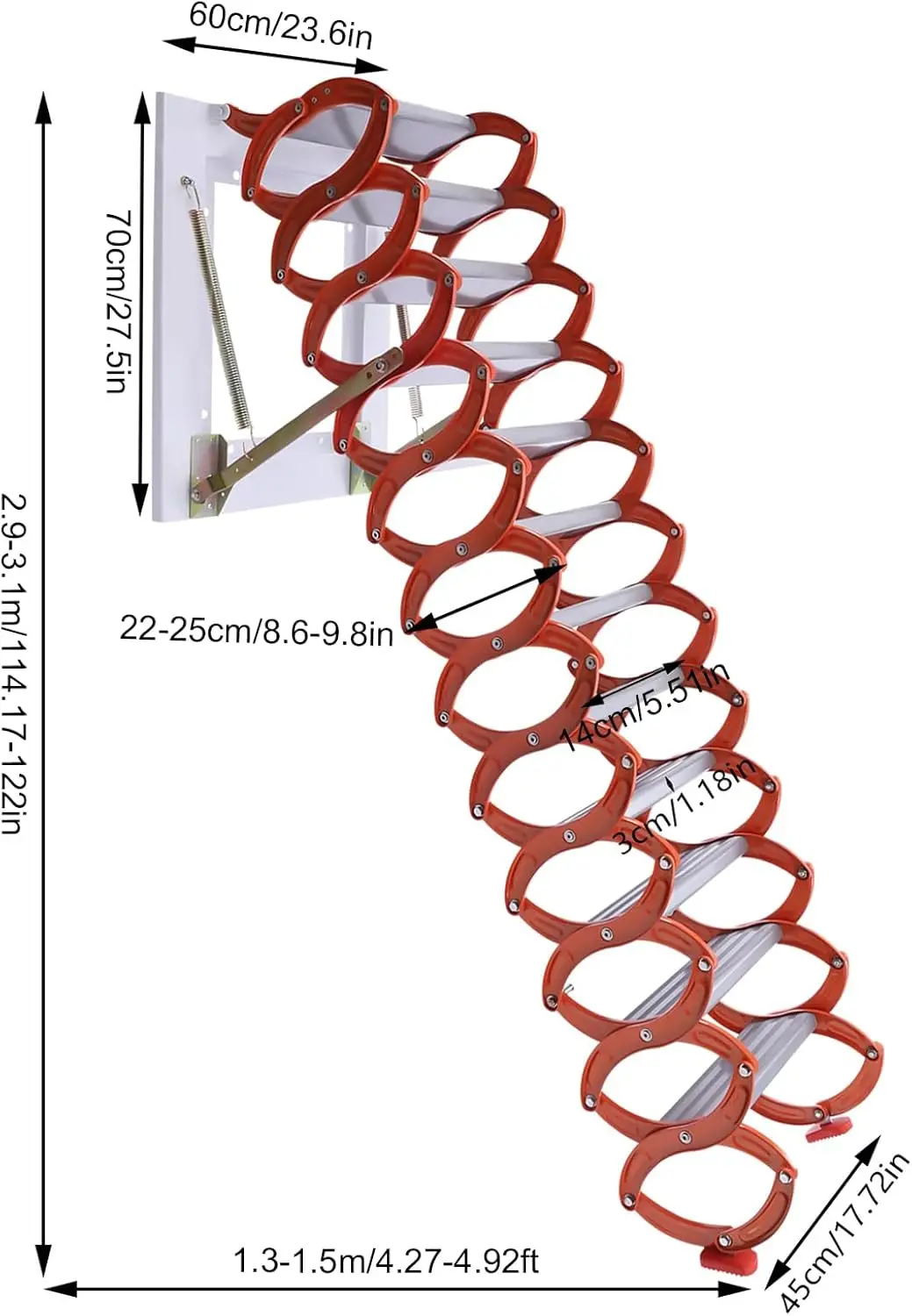 12 Steps Wall-Mounted Attic Ladder Folding Wall Mounted Ladder With Handrails 880 Lbs Load Attic Ladder Pull Down System For