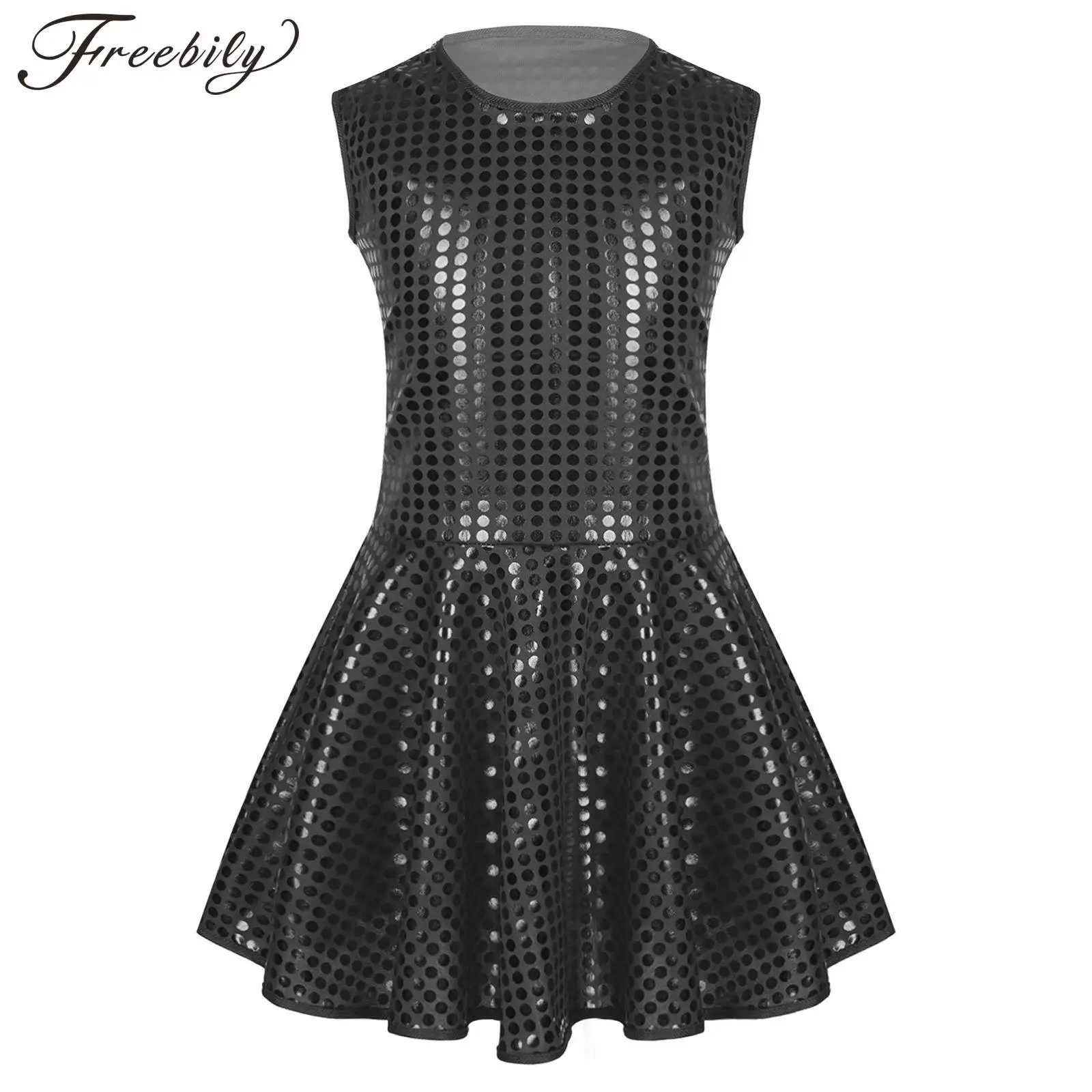 

Girls Sleeveless Dress Jazz Dance Costume Round Neck Shiny Polka Dots Print Dresses Party Festival Stage Performance Dancewear