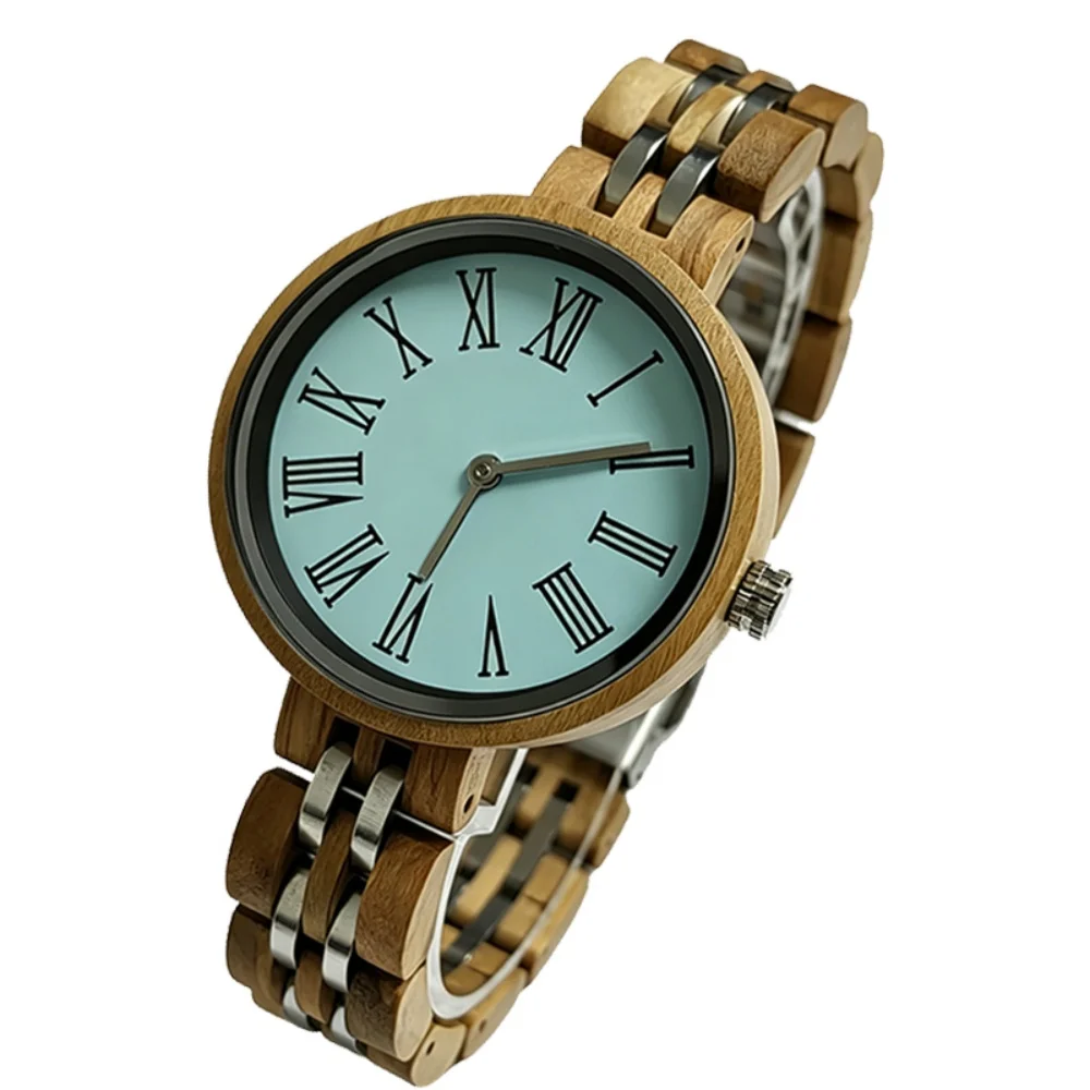 Vintage Wooden Quartz Watch for Women Roman Numeral Dial Wrist Watch with Wood & Metal Strap Minimalist Retro Analog Timepiece