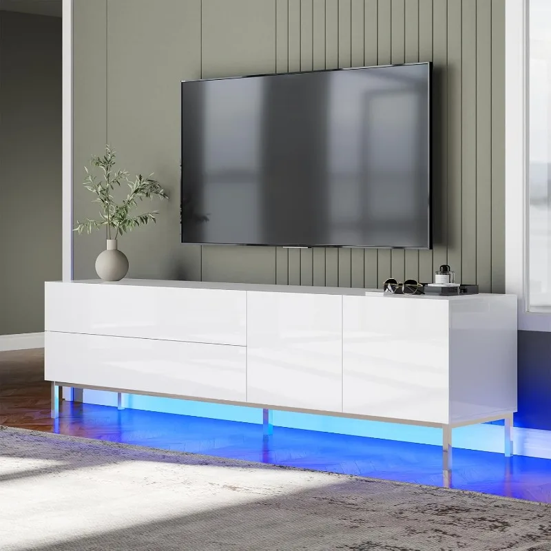 

70" LED TV Stand, Holds 80" TV, TV Console Table with Storage Drawers and Cabinets, Electroplated Feet