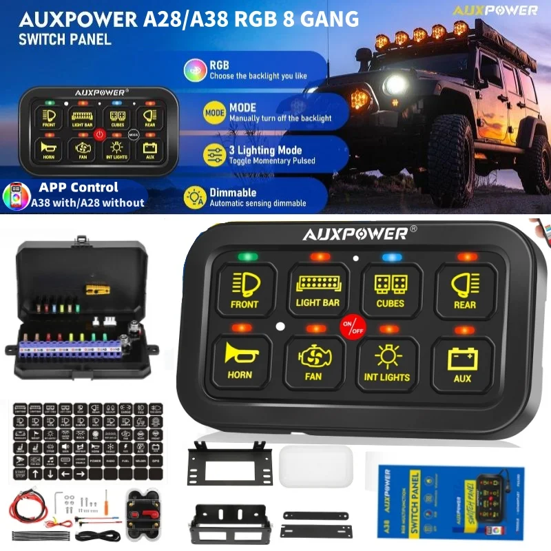 AUXPOWER RGB 8 Gang Switch Panel 12V 24V Toggle/Momentary/Pulsed Supported with/without App Control (One-Sided Outlet)