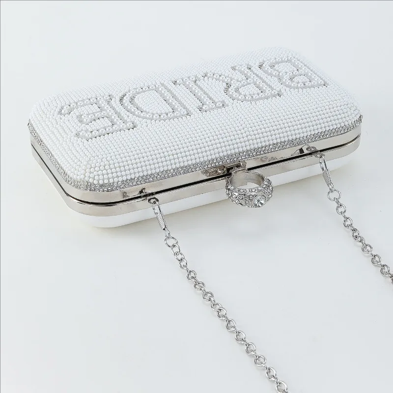 Bolso de mano con perlas y diamantes para mujer, cartera de mano con letras, anillo de lujo, elegante, de noche, con abalorios