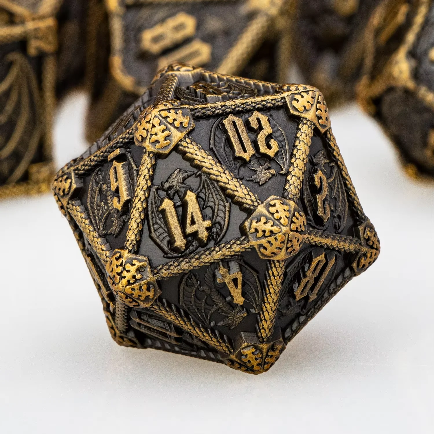 Ancient Gold D20 DND Dice Metal Dragon Dice Set D+D Dungeon and Dragon 7PCS D&D Polyhedral Dice  D and D Role Playing Games Dice