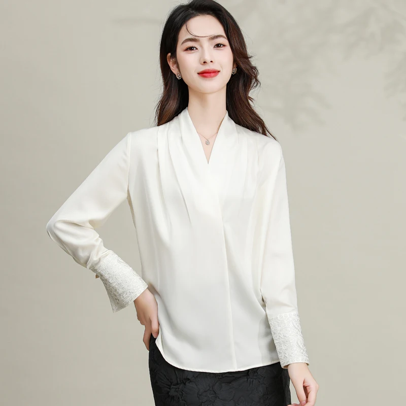 2024 Office Lady Elegant Shirts Women White Glossy Silk Tops With Chic Embroidery Cuff Patchwork Design Shirt New Han Style Look