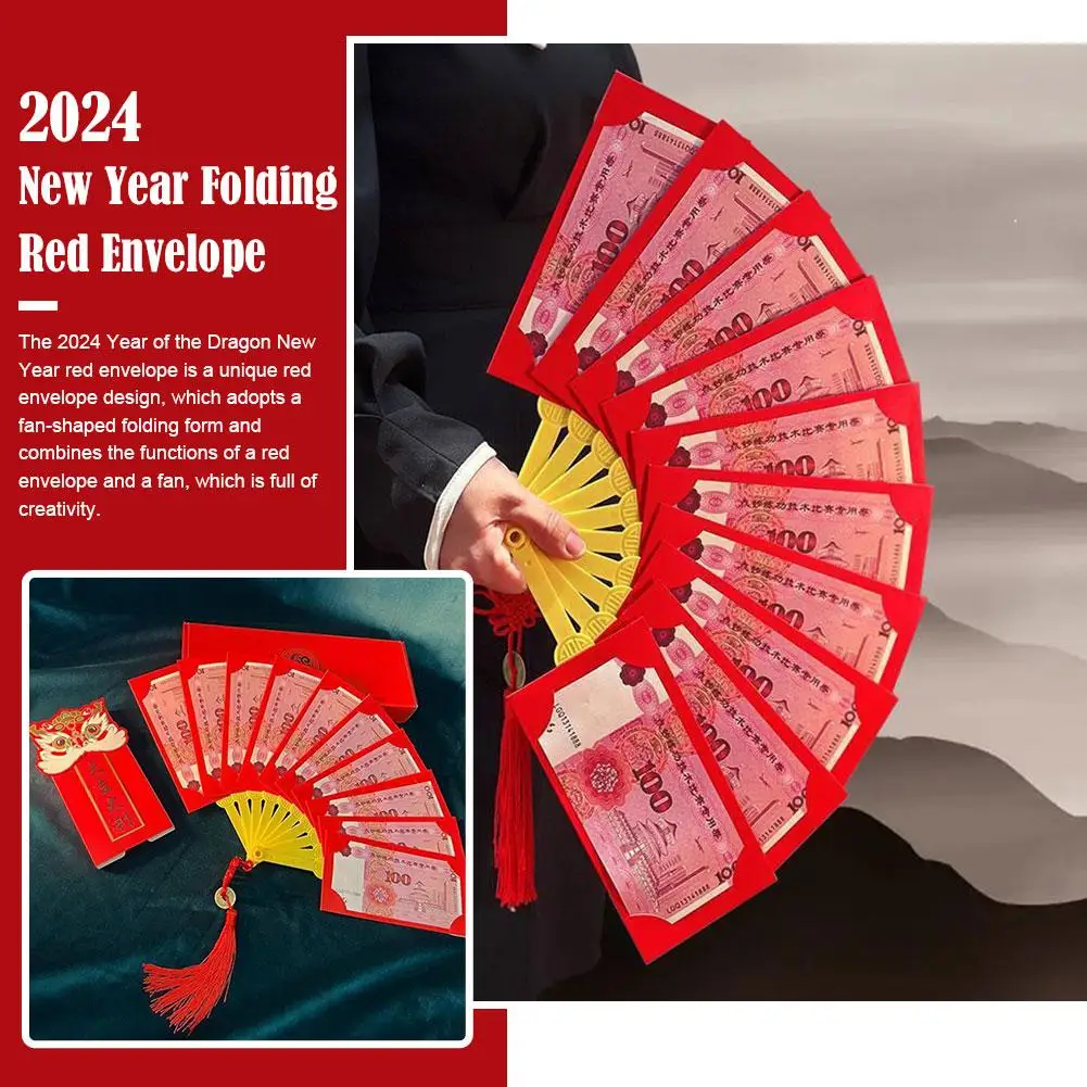 Ano novo chinês Envelopes vermelhos, forma de fã, bolsos hongbao, desejo dinheiro, festival da primavera, melhor presente sortudo, X6S2, 2024